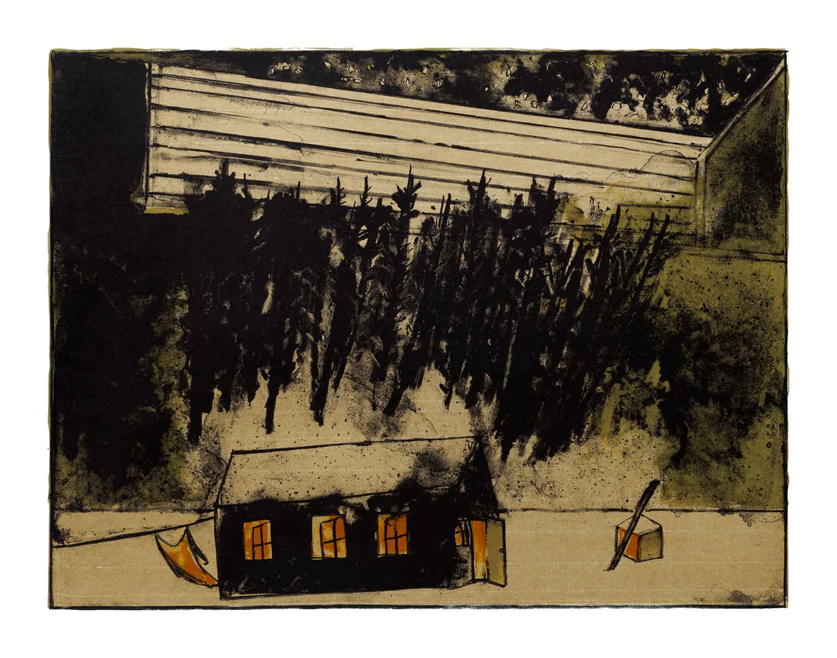 At the Lining - Forest, 61 x 75.5 cm, Three-colour hand lithograph with chine colle Edition of 25, published by Nutmeg Editions, 2016 (in conjunction with Purdy Hicks Gallery), POA