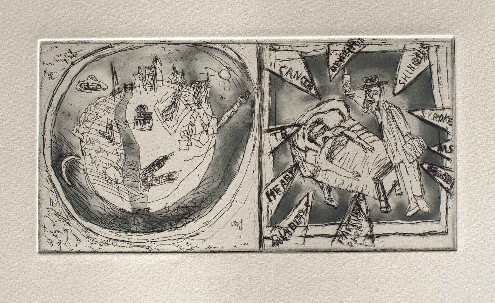 My Cosmic Illness, 26.5 x 35 cm, Etching on Somerset paper, Edition of 25, Printed and published by Nutmeg Editions, 2016, POA My Cosmic Illness, 26.5 x 35 cm, Etching on Somerset paper, Edition of 25, Printed and published by Nutmeg Editions, 2016, POA