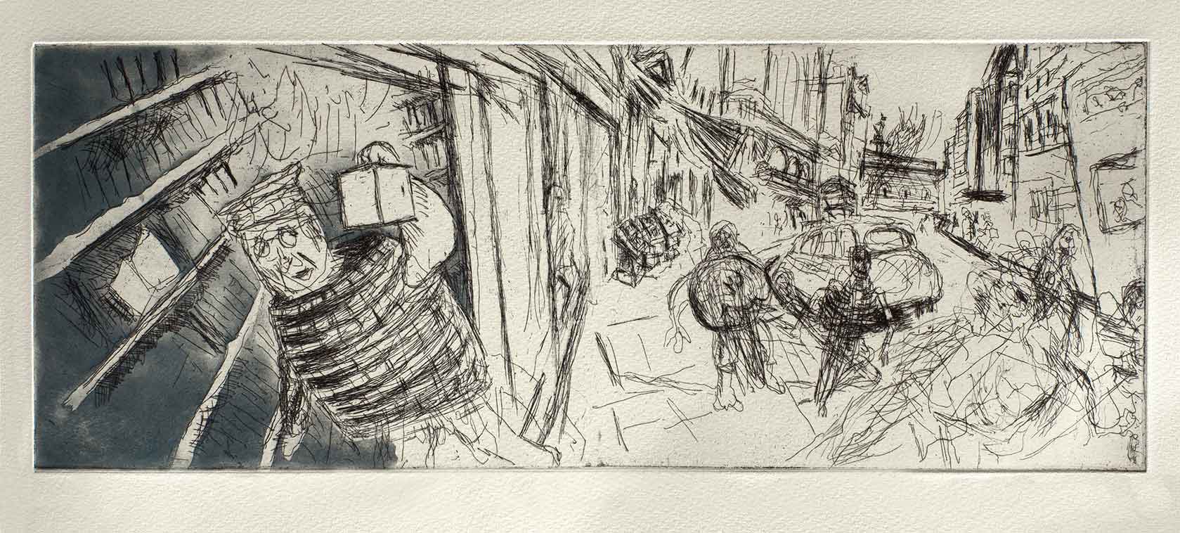 Diogenes Searches For An Honest Citizen Charing Cross Road, 28 x 54 cm, Etching on Somerset paper, Edition of 25 Printed and published by Nutmeg Editions, 2016, POA