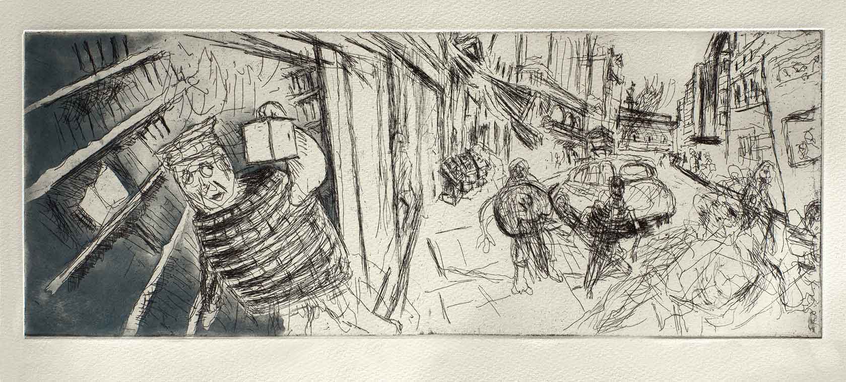 Diogenes Searches For An Honest Citizen Charing Cross Road, 28 x 54 cm, Etching on Somerset paper, Edition of 25 Printed and published by Nutmeg Editions, 2016, POA Diogenes Searches For An Honest Citizen Charing Cross Road, 28 x 54 cm, Etching on Somerset paper, Edition of 25 Printed and published by Nutmeg Editions, 2016, POA